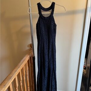 Elegant Navy Blue Sequin Lace Evening Dress